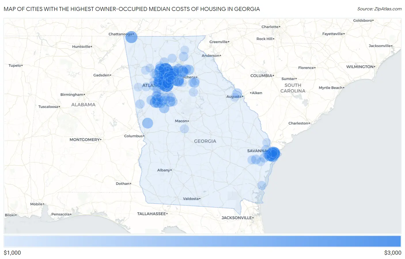 Cities with the Highest Owner-Occupied Median Costs of Housing in Georgia Map