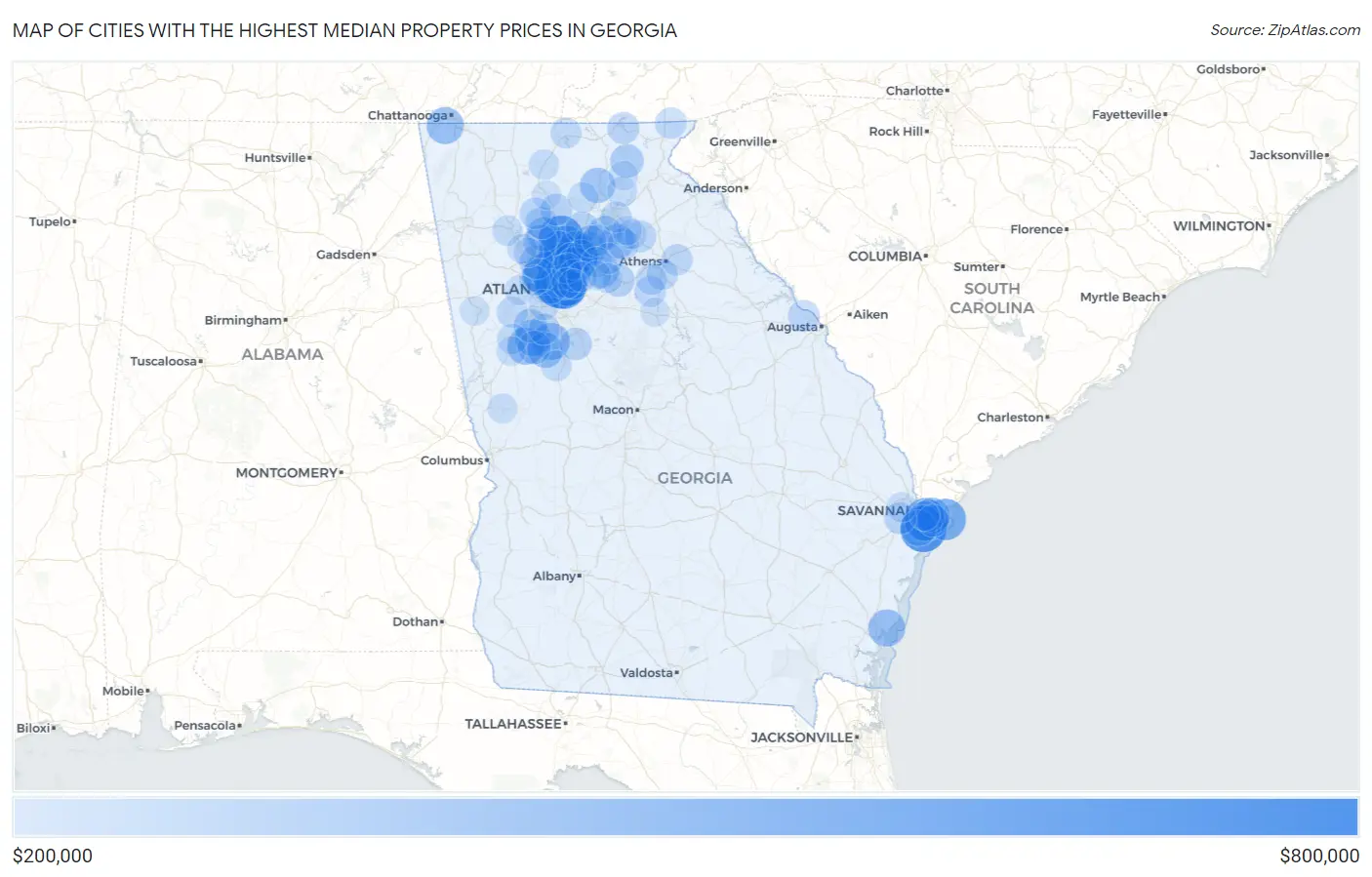 Cities with the Highest Median Property Prices in Georgia Map