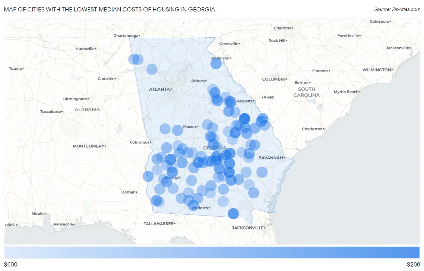 Cities with the Lowest Median Costs of Housing in Georgia Map