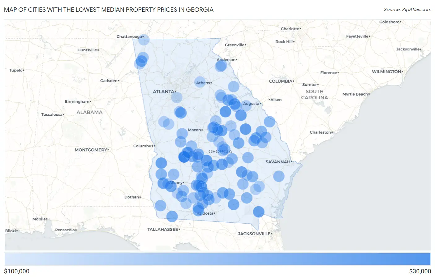 Cities with the Lowest Median Property Prices in Georgia Map