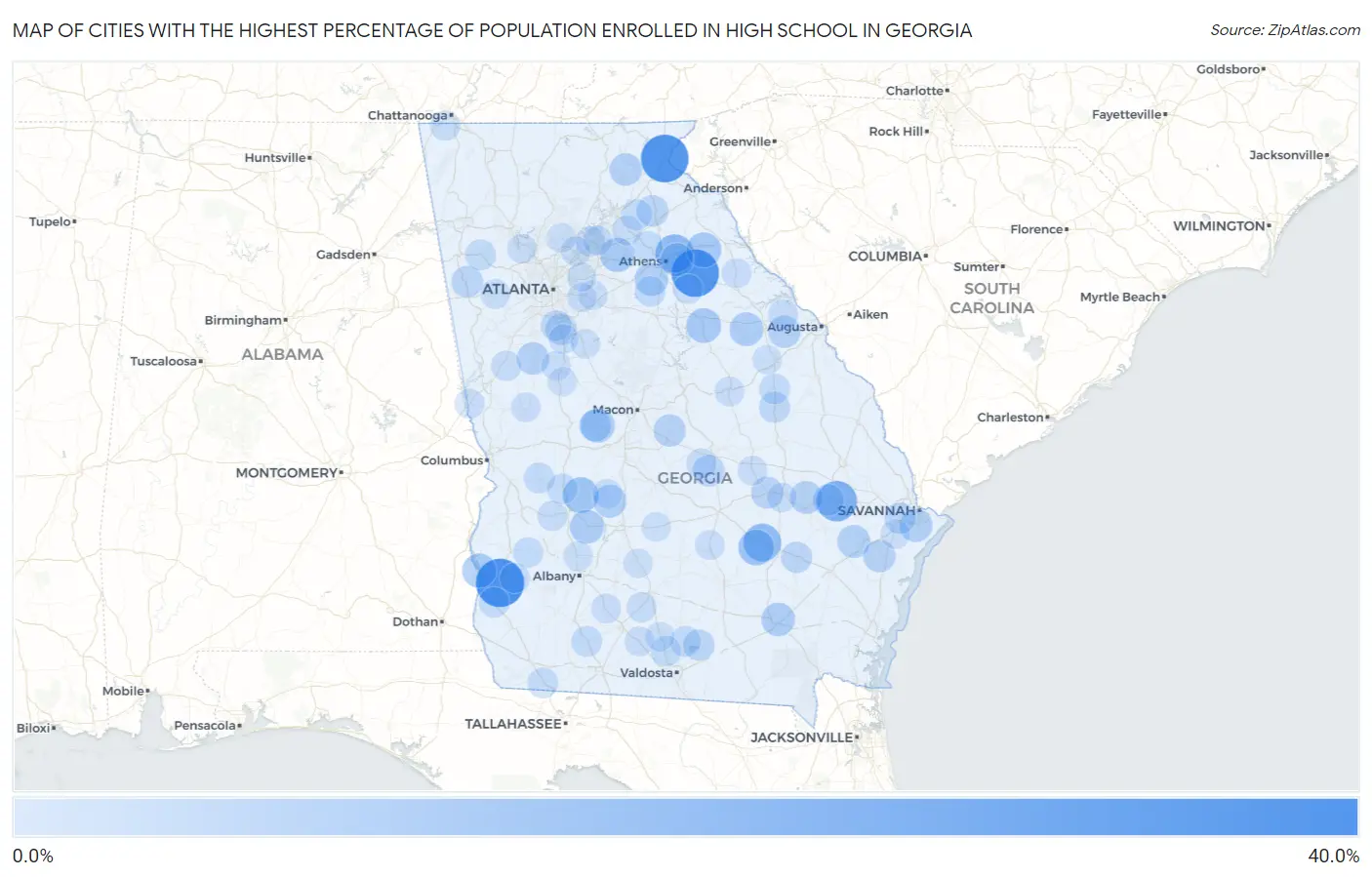 Cities with the Highest Percentage of Population Enrolled in High School in Georgia Map