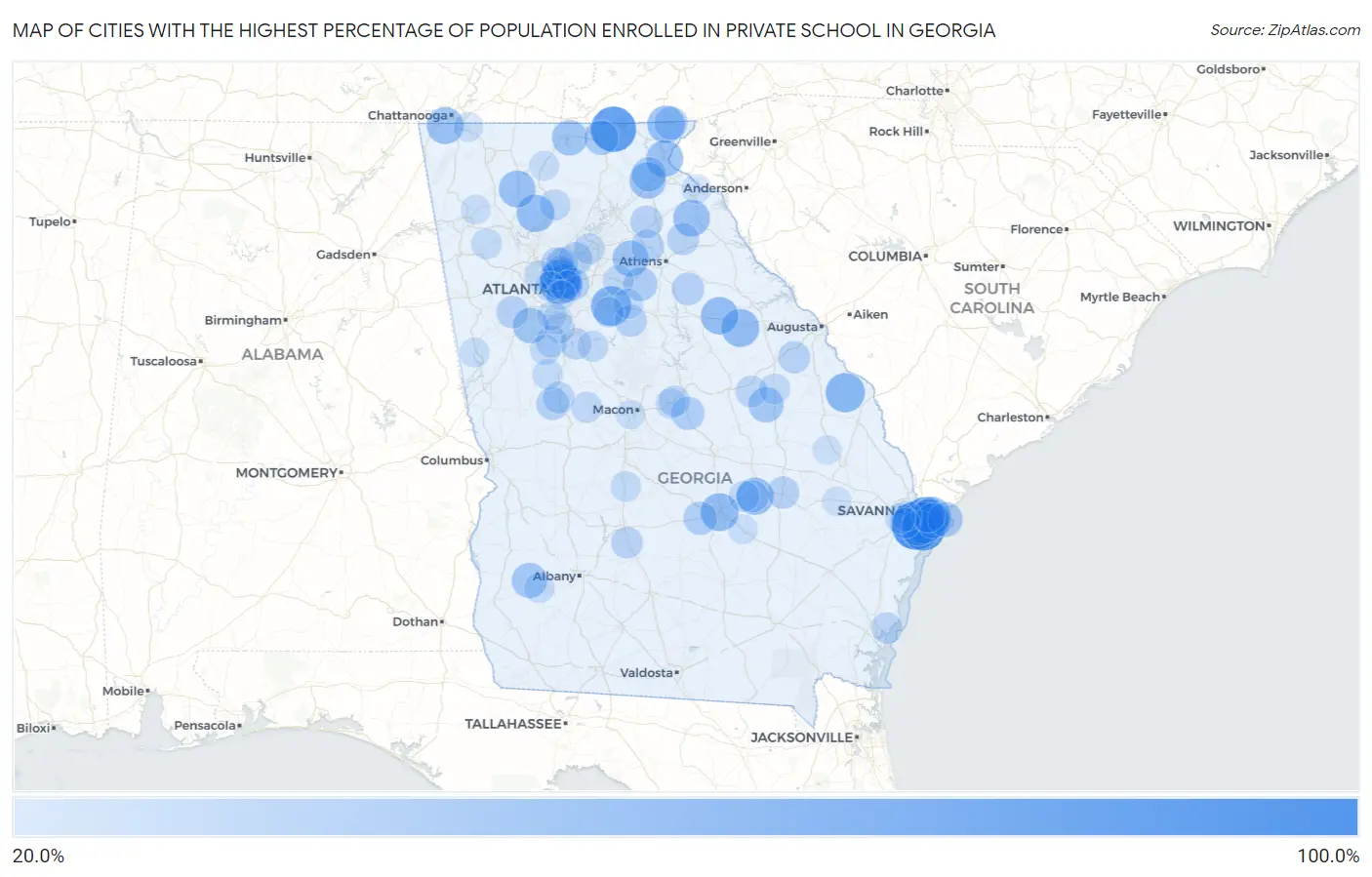 Cities with the Highest Percentage of Population Enrolled in Private School in Georgia Map