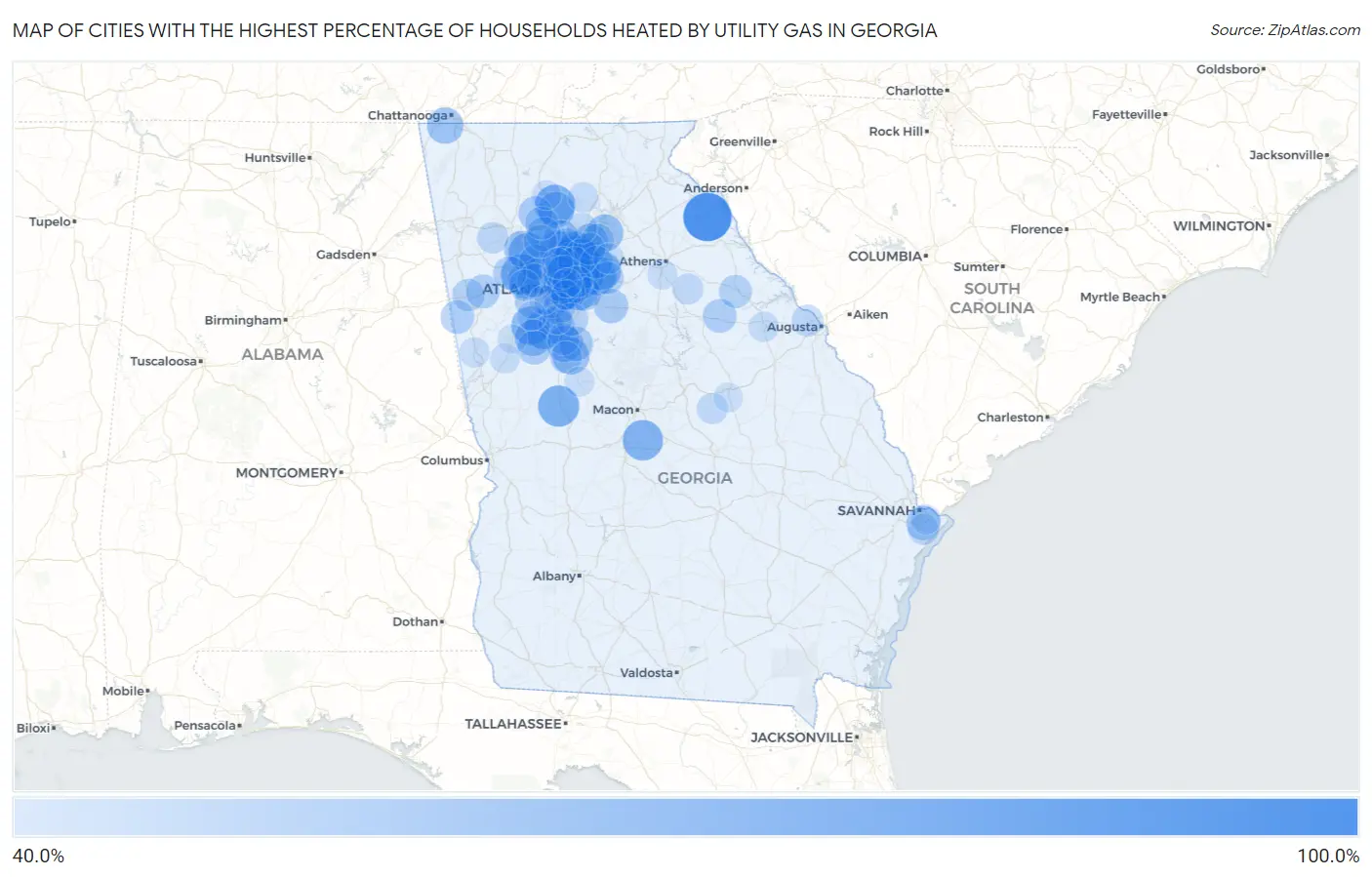 Cities with the Highest Percentage of Households Heated by Utility Gas in Georgia Map