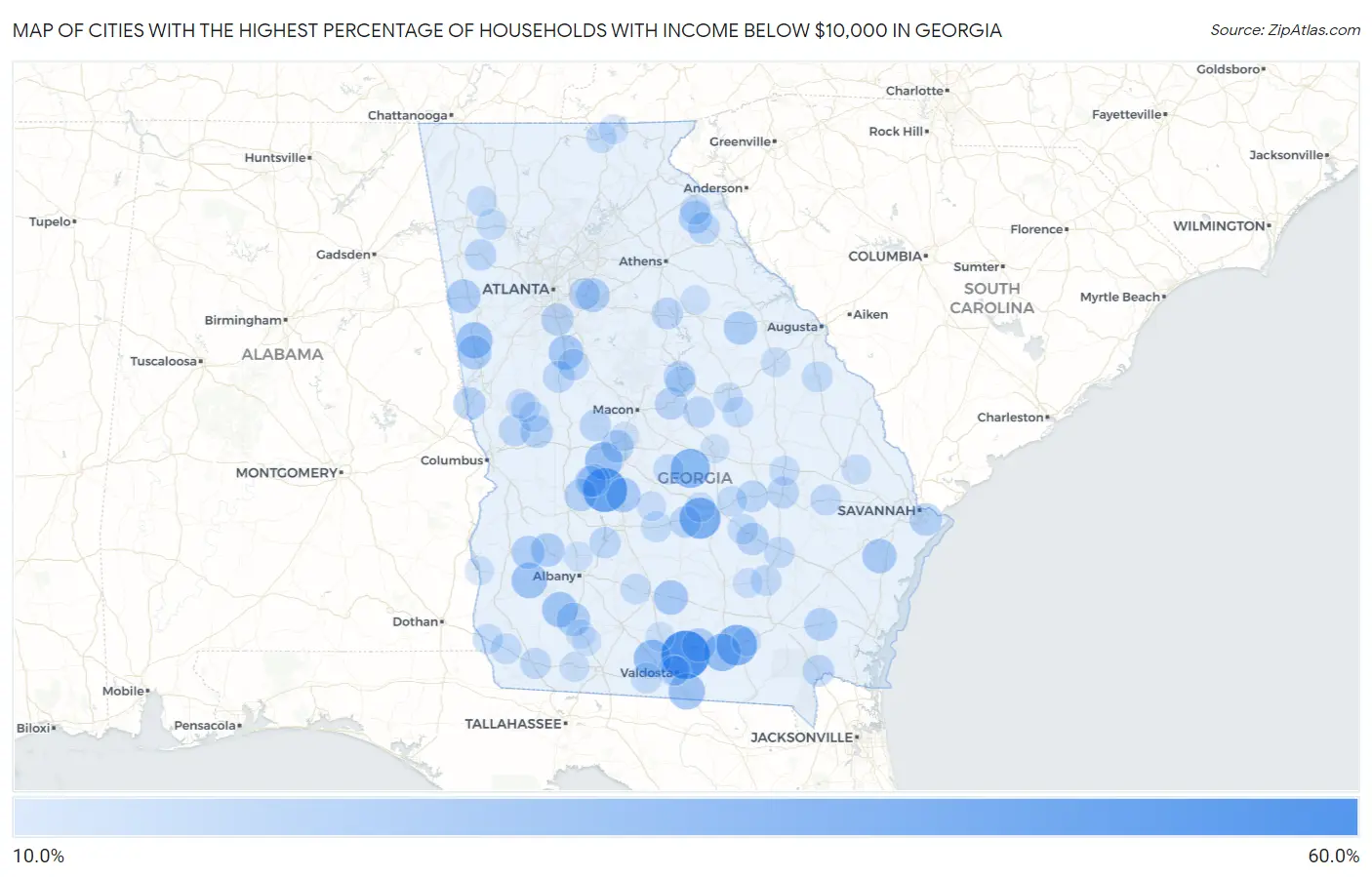 Cities with the Highest Percentage of Households with Income Below $10,000 in Georgia Map