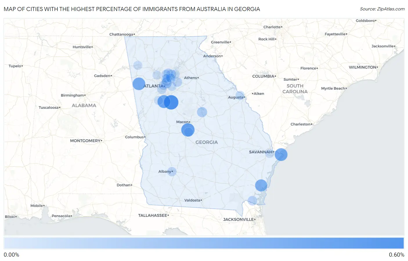 Cities with the Highest Percentage of Immigrants from Australia in Georgia Map