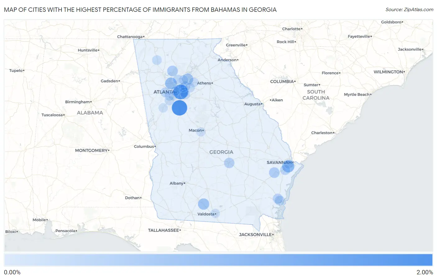 Cities with the Highest Percentage of Immigrants from Bahamas in Georgia Map