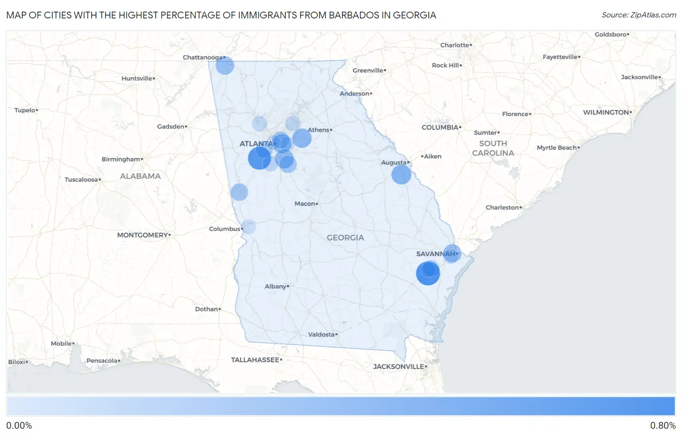 Cities with the Highest Percentage of Immigrants from Barbados in Georgia Map