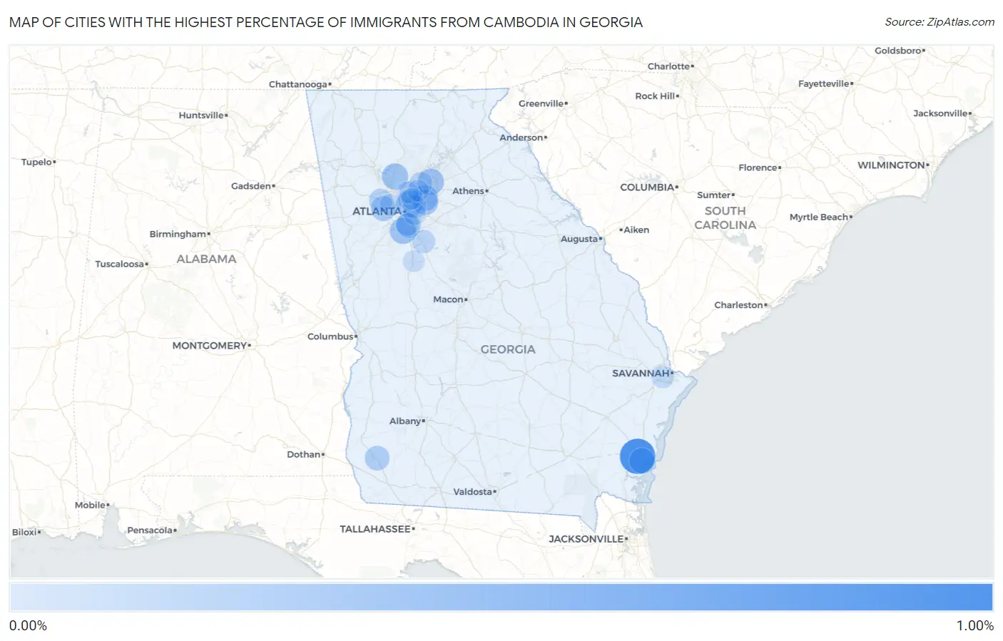 Cities with the Highest Percentage of Immigrants from Cambodia in Georgia Map