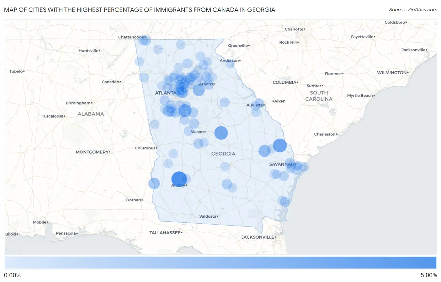 Cities with the Highest Percentage of Immigrants from Canada in Georgia Map