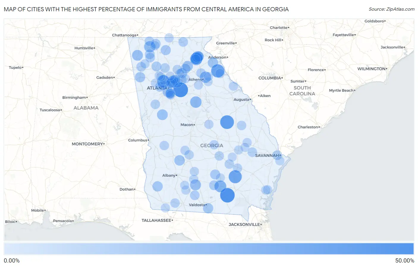Cities with the Highest Percentage of Immigrants from Central America in Georgia Map