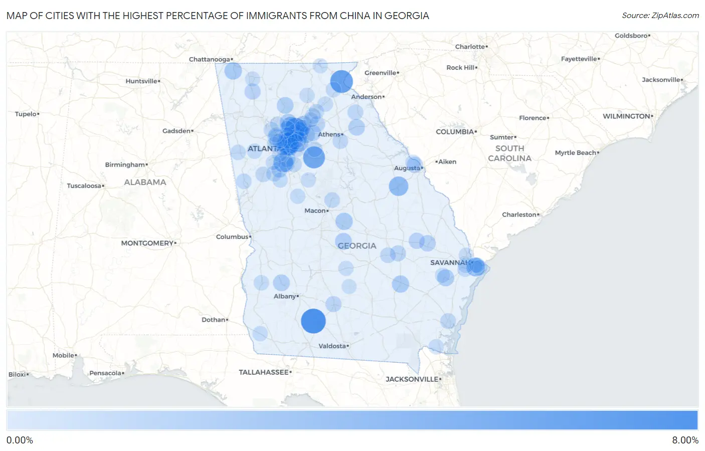 Cities with the Highest Percentage of Immigrants from China in Georgia Map