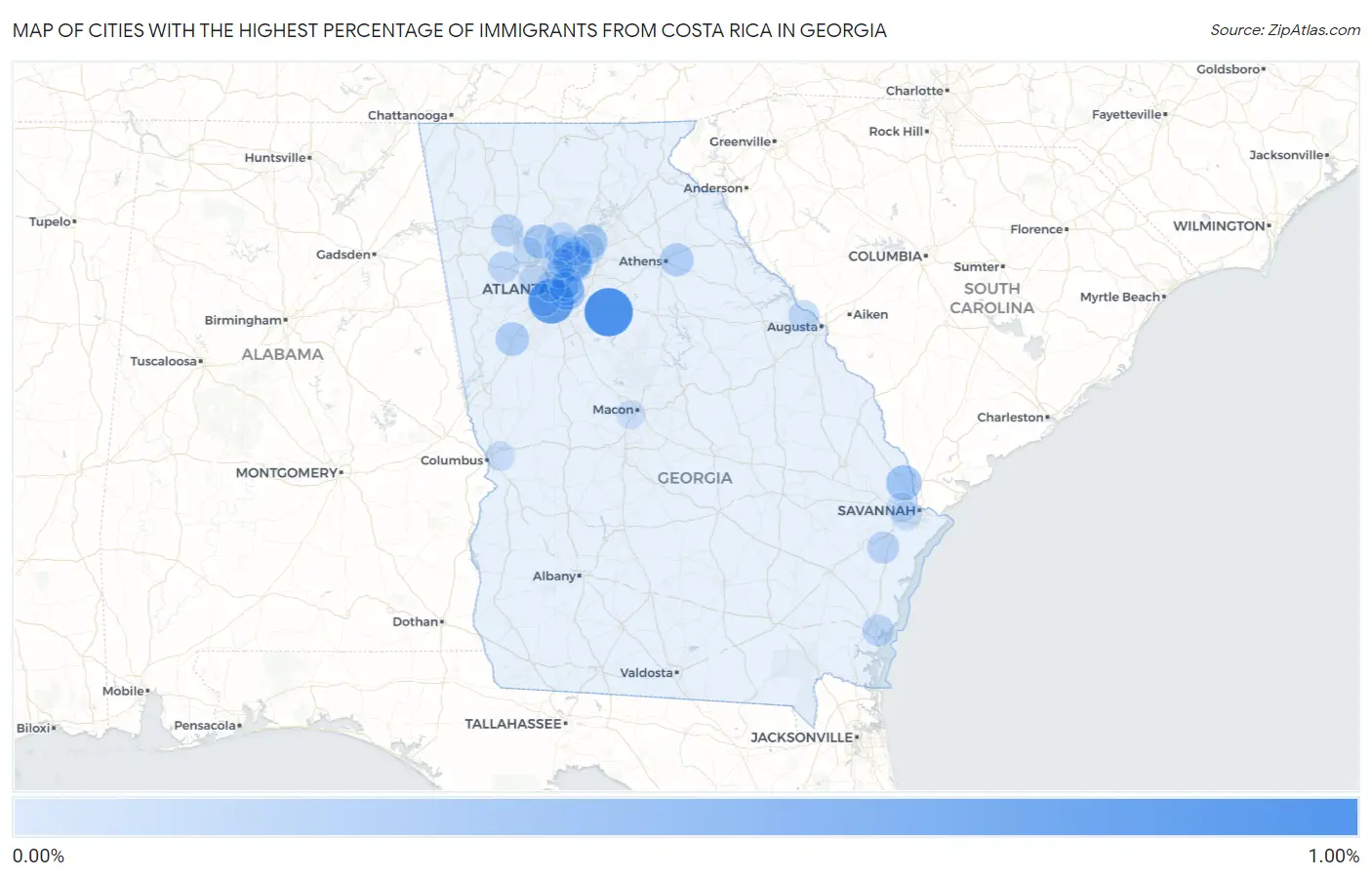 Cities with the Highest Percentage of Immigrants from Costa Rica in Georgia Map
