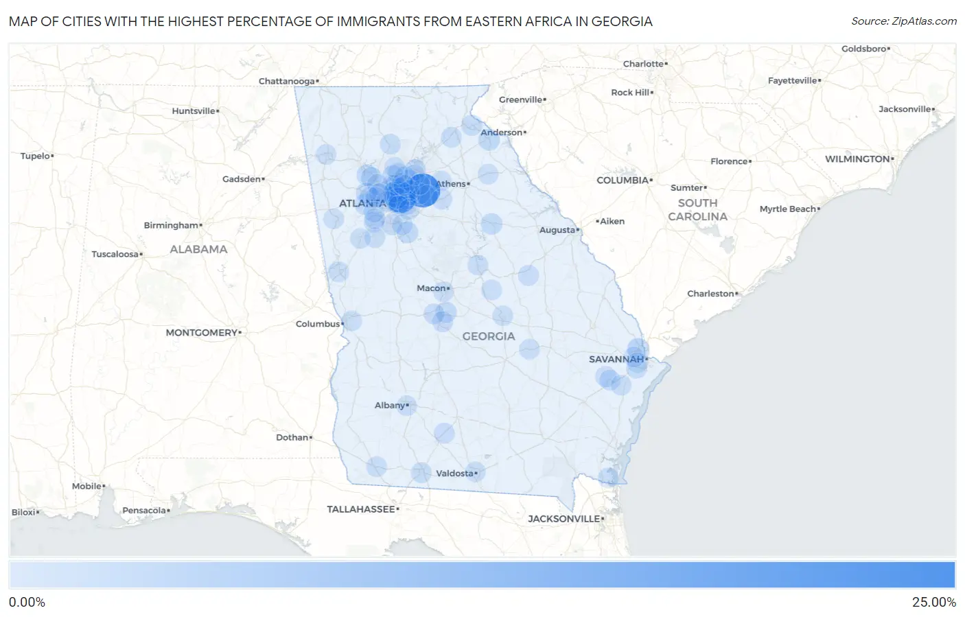 Cities with the Highest Percentage of Immigrants from Eastern Africa in Georgia Map