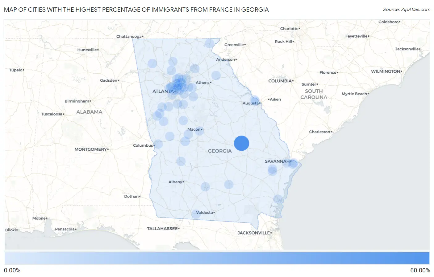 Cities with the Highest Percentage of Immigrants from France in Georgia Map