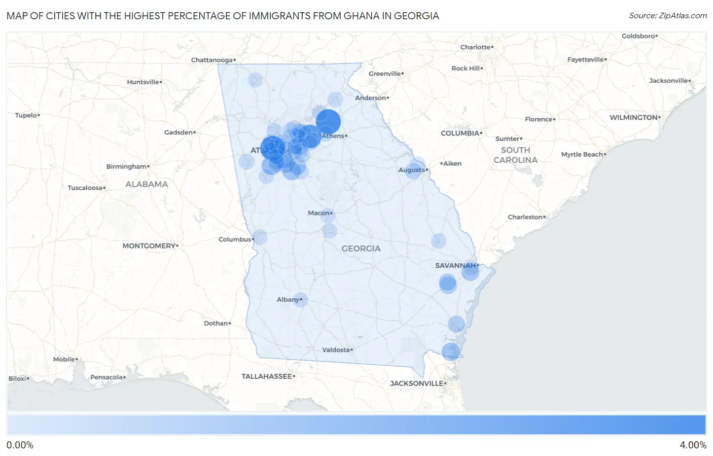 Cities with the Highest Percentage of Immigrants from Ghana in Georgia Map