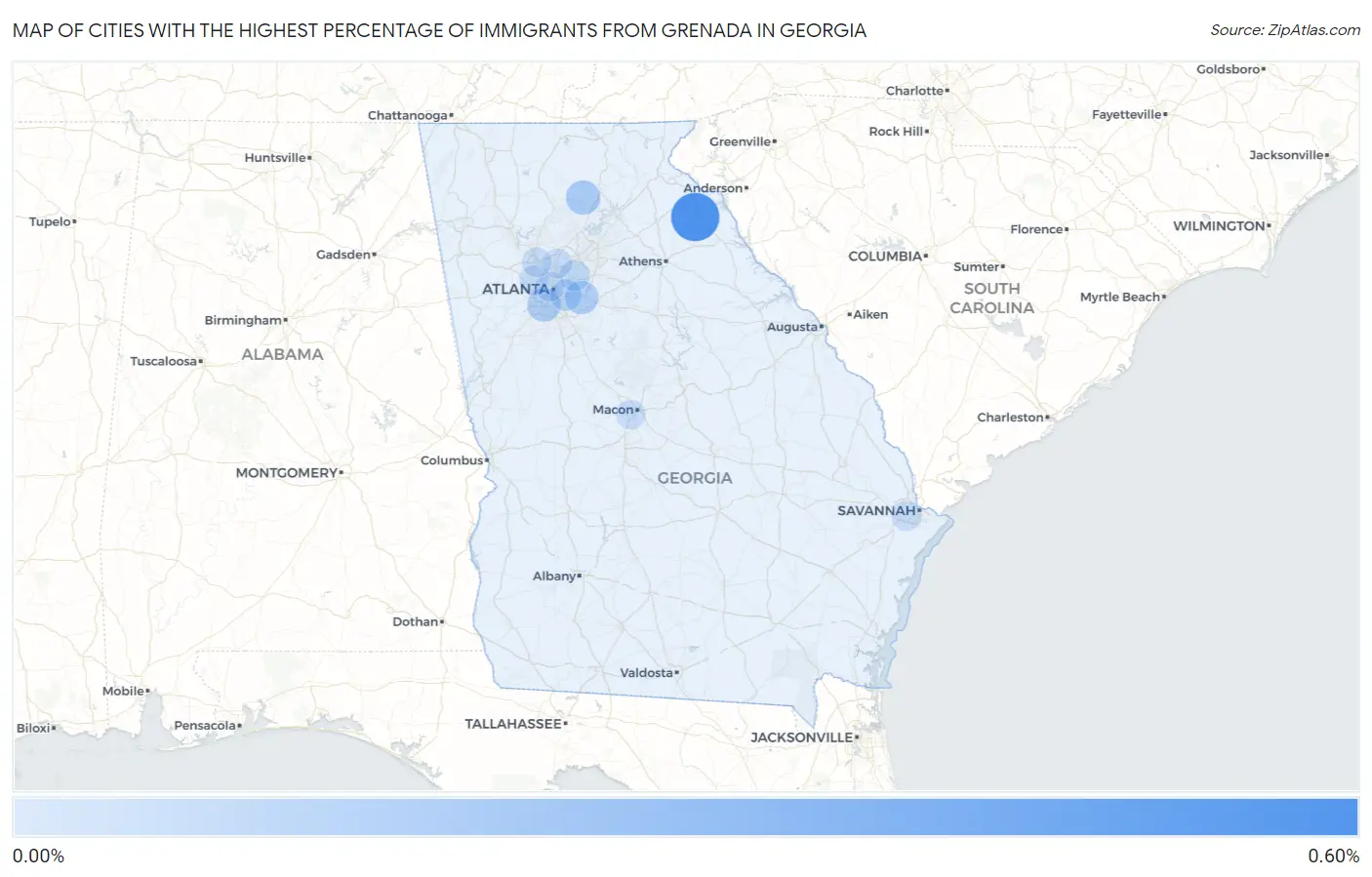 Cities with the Highest Percentage of Immigrants from Grenada in Georgia Map