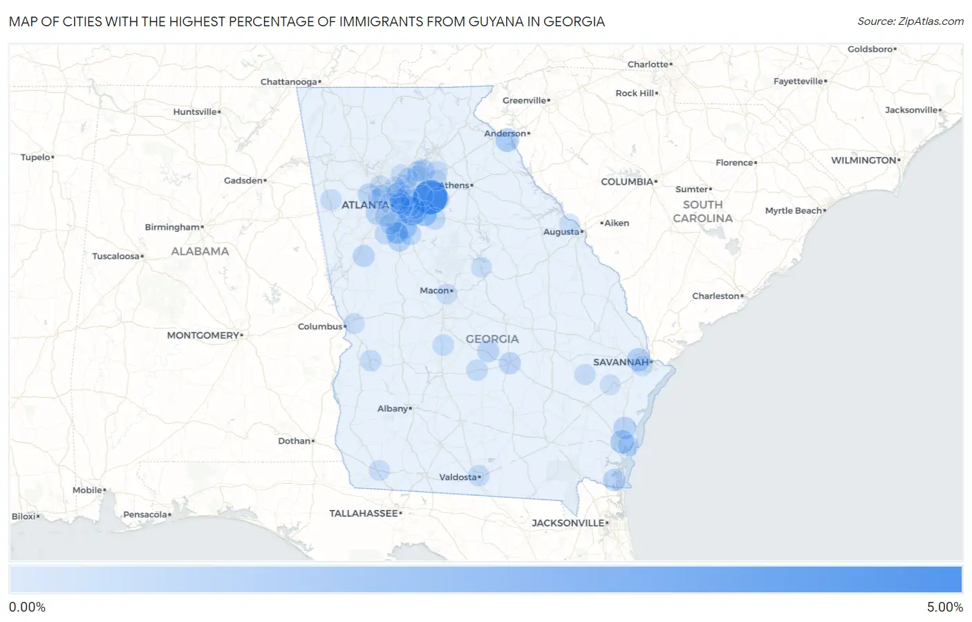 Cities with the Highest Percentage of Immigrants from Guyana in Georgia Map