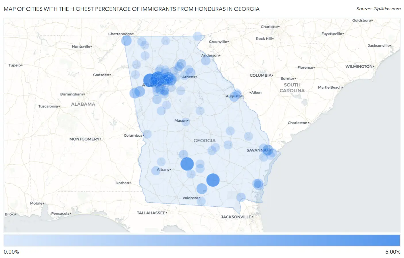 Cities with the Highest Percentage of Immigrants from Honduras in Georgia Map
