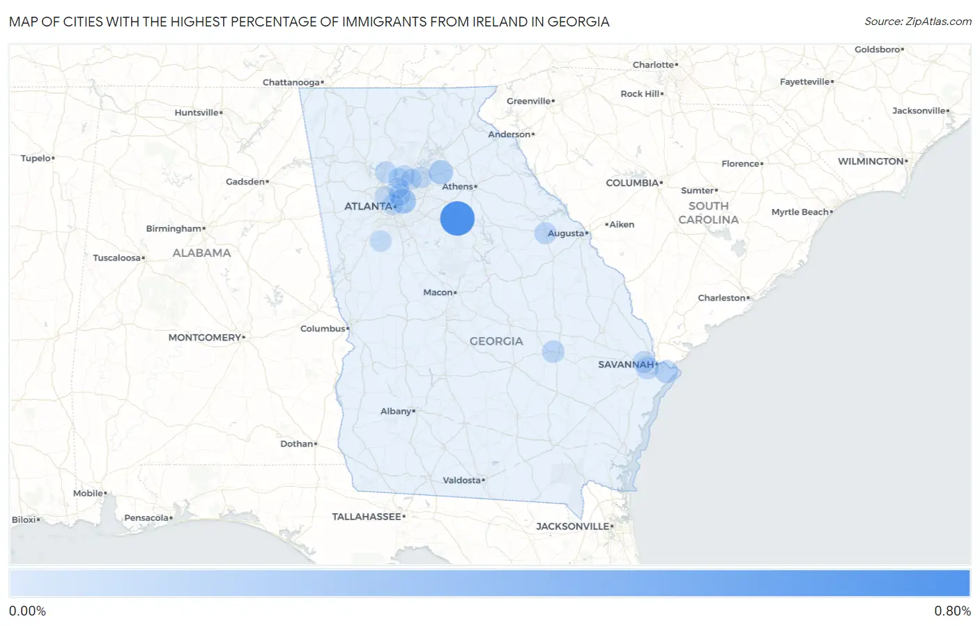 Cities with the Highest Percentage of Immigrants from Ireland in Georgia Map