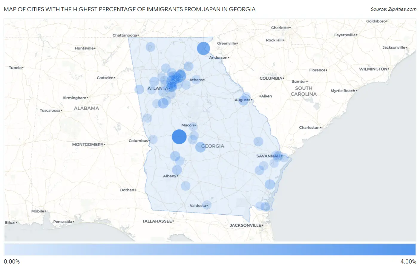 Cities with the Highest Percentage of Immigrants from Japan in Georgia Map