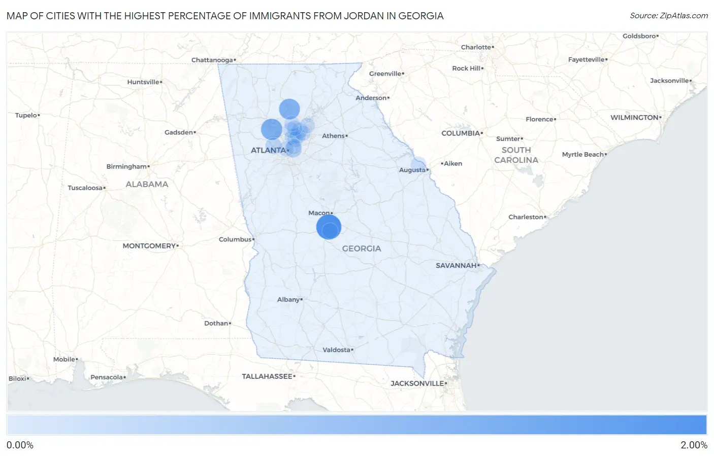 Cities with the Highest Percentage of Immigrants from Jordan in Georgia Map