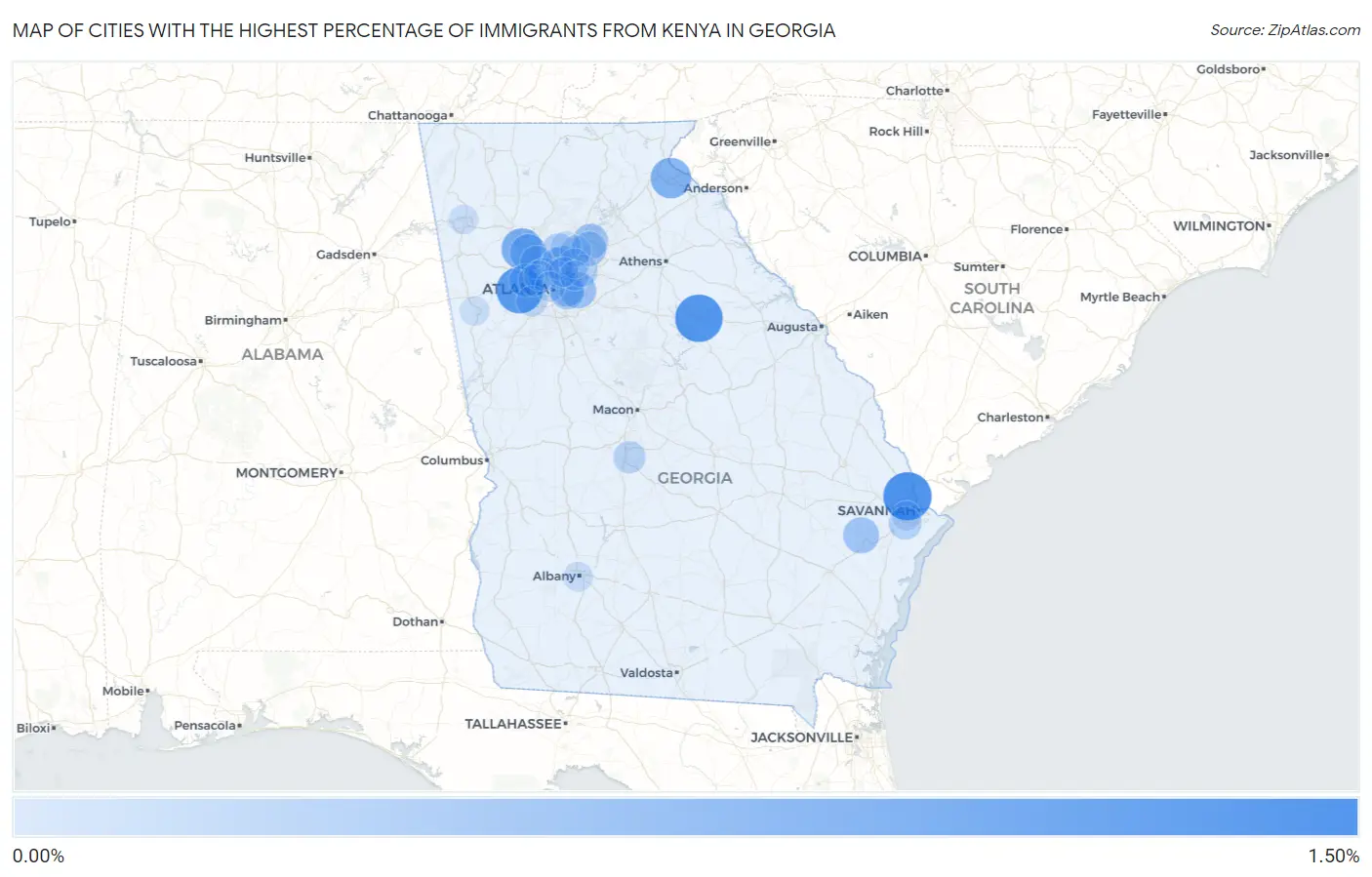 Cities with the Highest Percentage of Immigrants from Kenya in Georgia Map