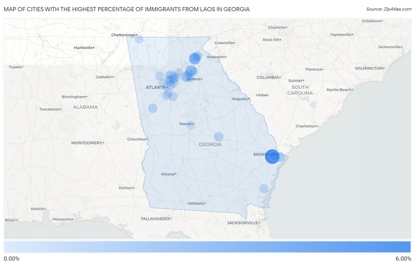 Cities with the Highest Percentage of Immigrants from Laos in Georgia Map