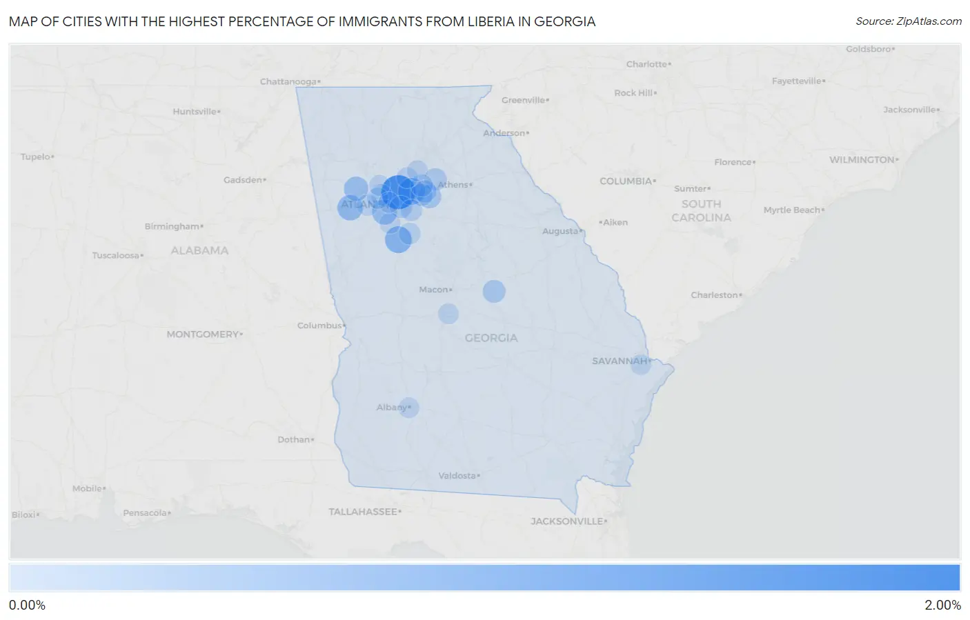 Cities with the Highest Percentage of Immigrants from Liberia in Georgia Map