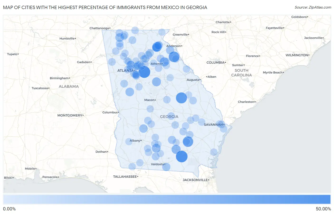 Cities with the Highest Percentage of Immigrants from Mexico in Georgia Map