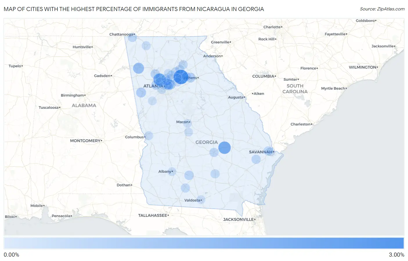 Cities with the Highest Percentage of Immigrants from Nicaragua in Georgia Map