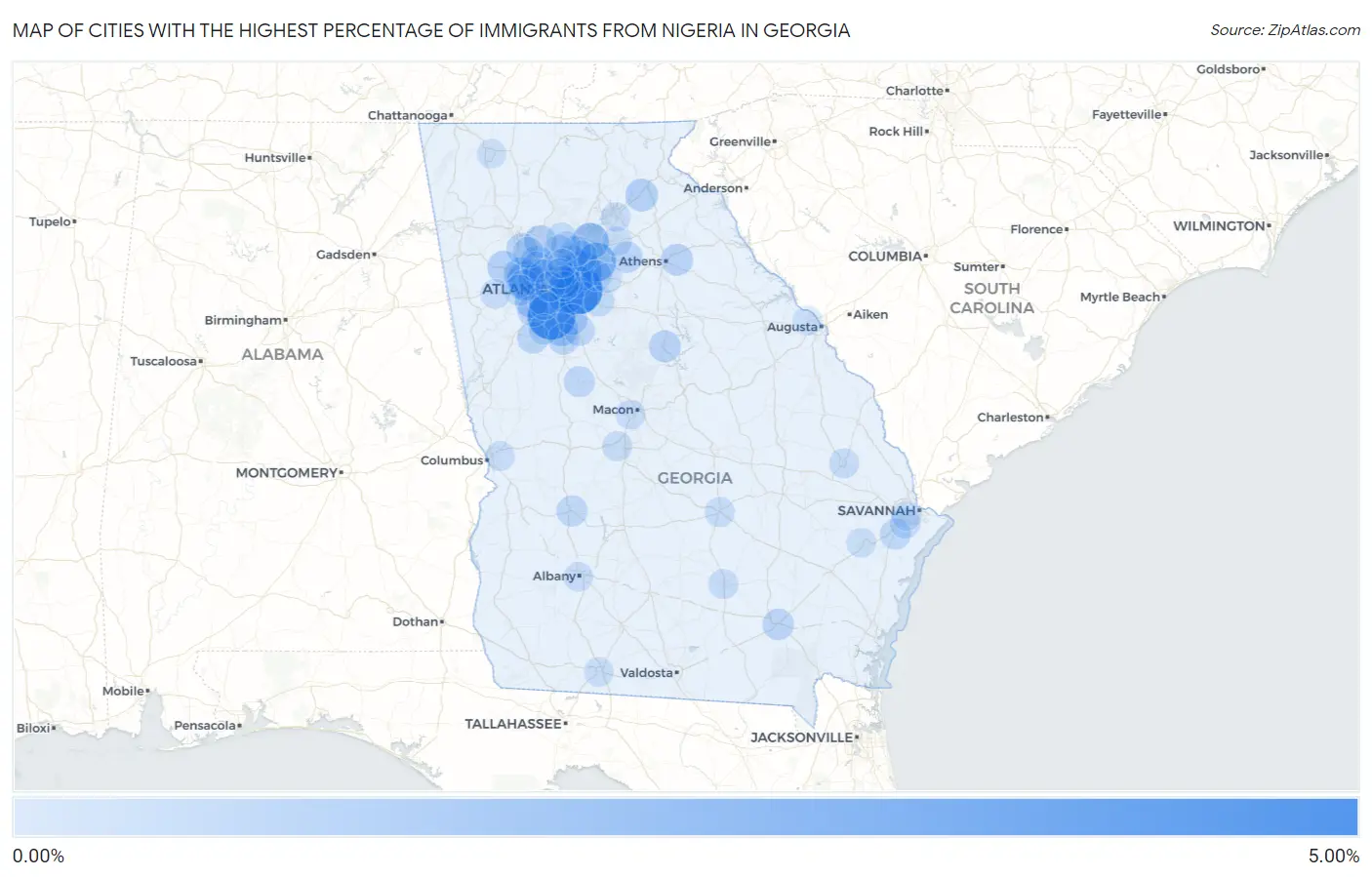 Cities with the Highest Percentage of Immigrants from Nigeria in Georgia Map