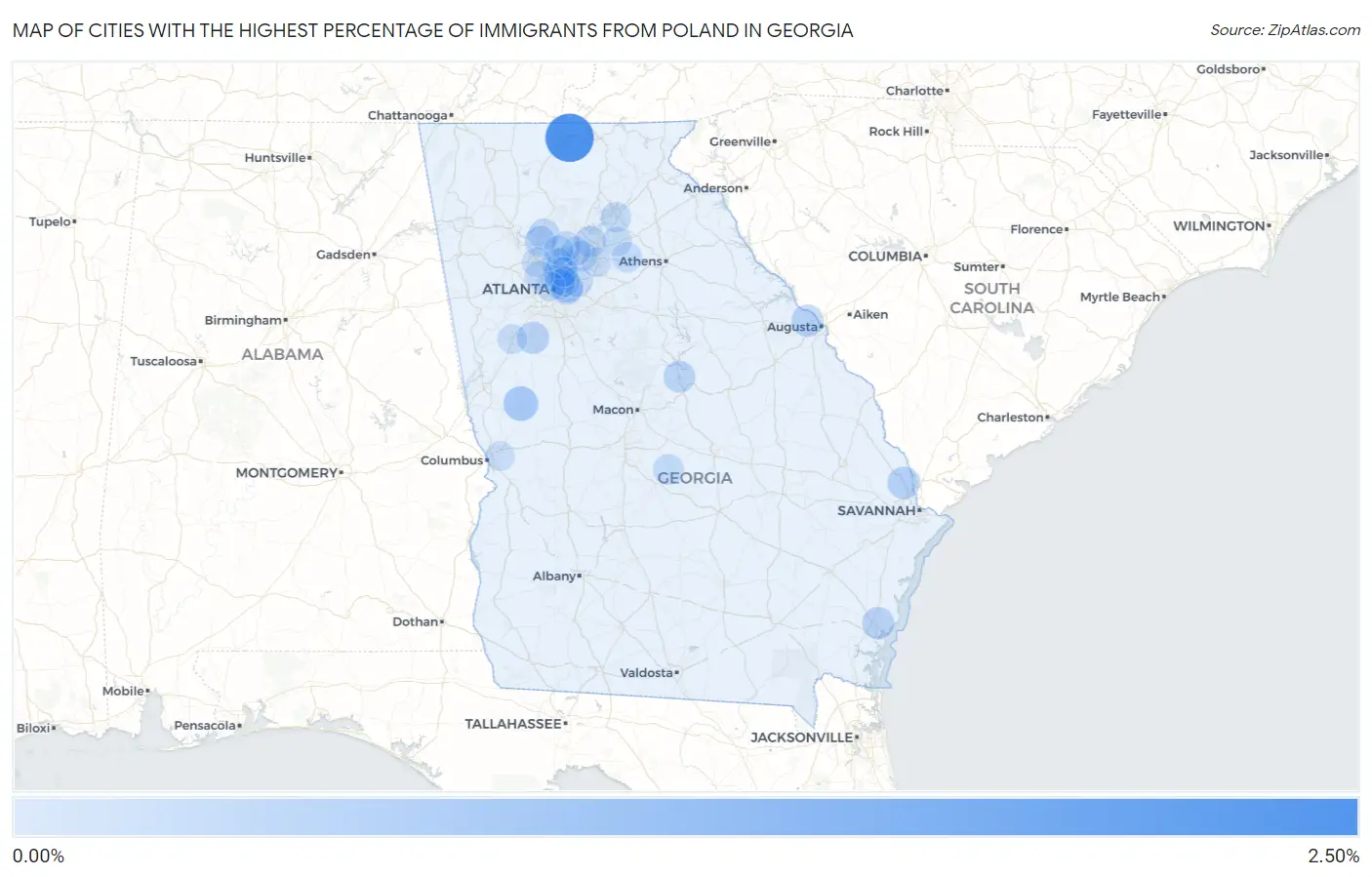Cities with the Highest Percentage of Immigrants from Poland in Georgia Map
