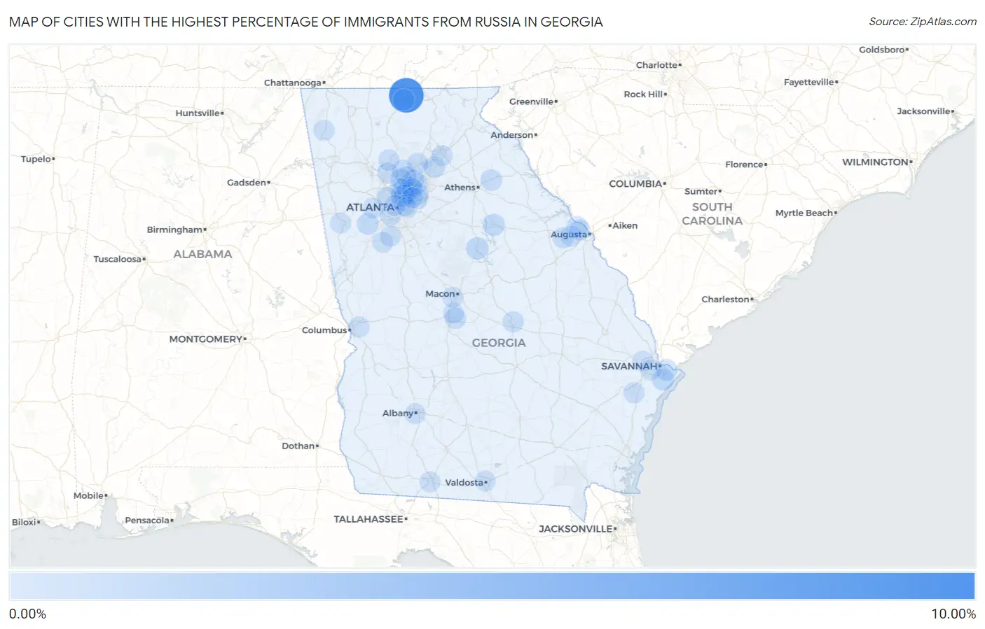 Cities with the Highest Percentage of Immigrants from Russia in Georgia Map