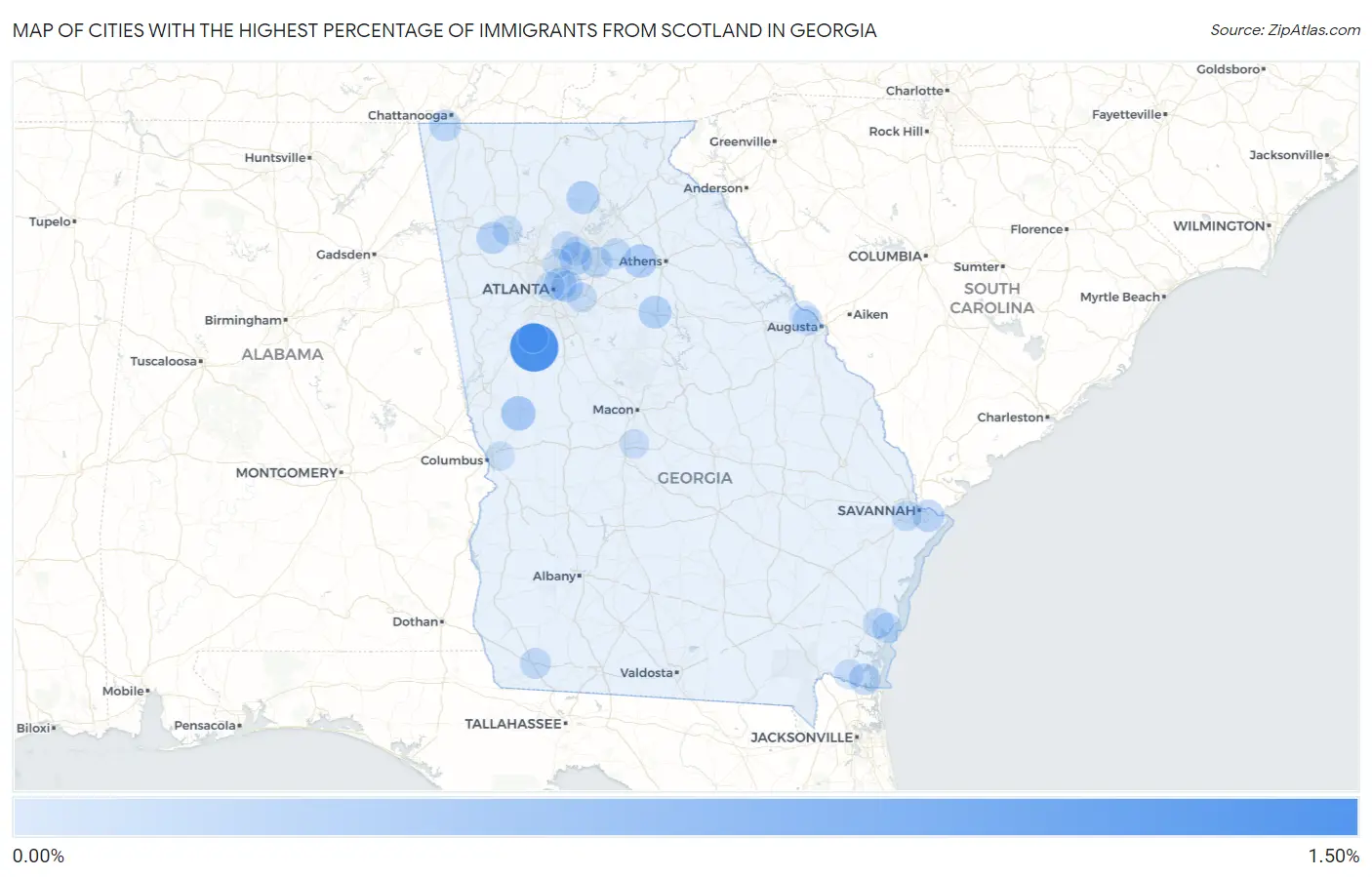 Cities with the Highest Percentage of Immigrants from Scotland in Georgia Map