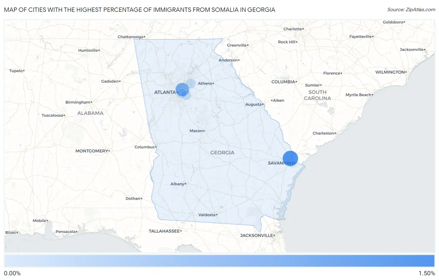 Cities with the Highest Percentage of Immigrants from Somalia in Georgia Map