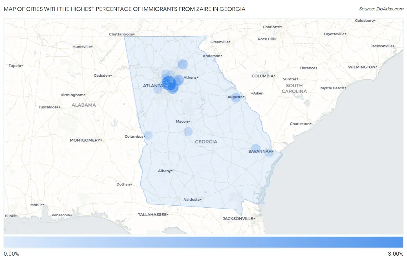 Cities with the Highest Percentage of Immigrants from Zaire in Georgia Map