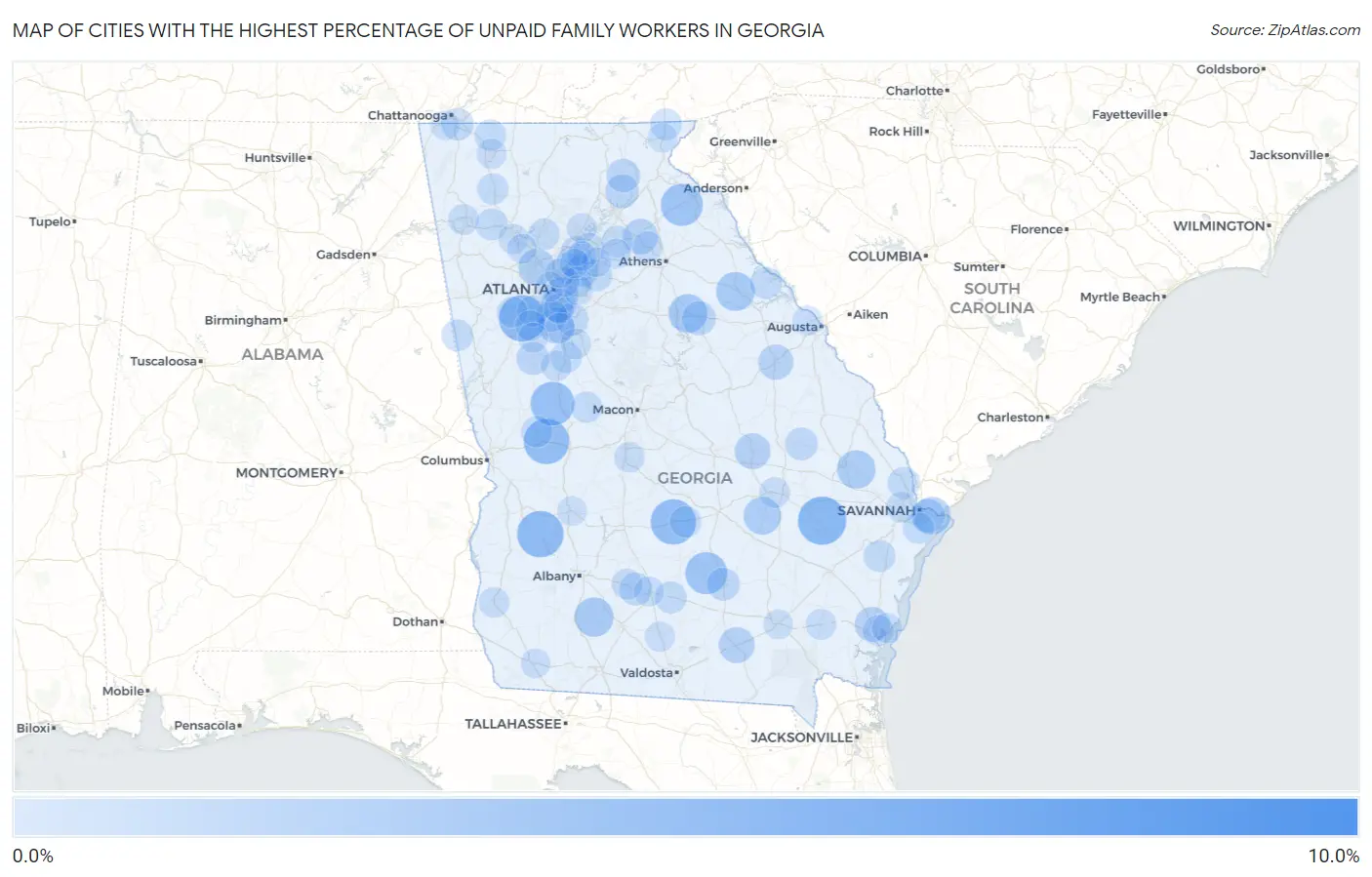Cities with the Highest Percentage of Unpaid Family Workers in Georgia Map