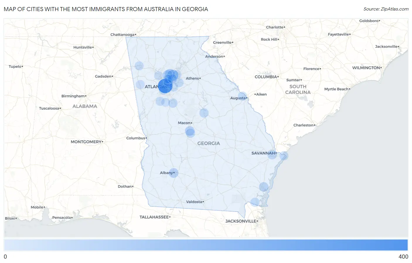 Cities with the Most Immigrants from Australia in Georgia Map