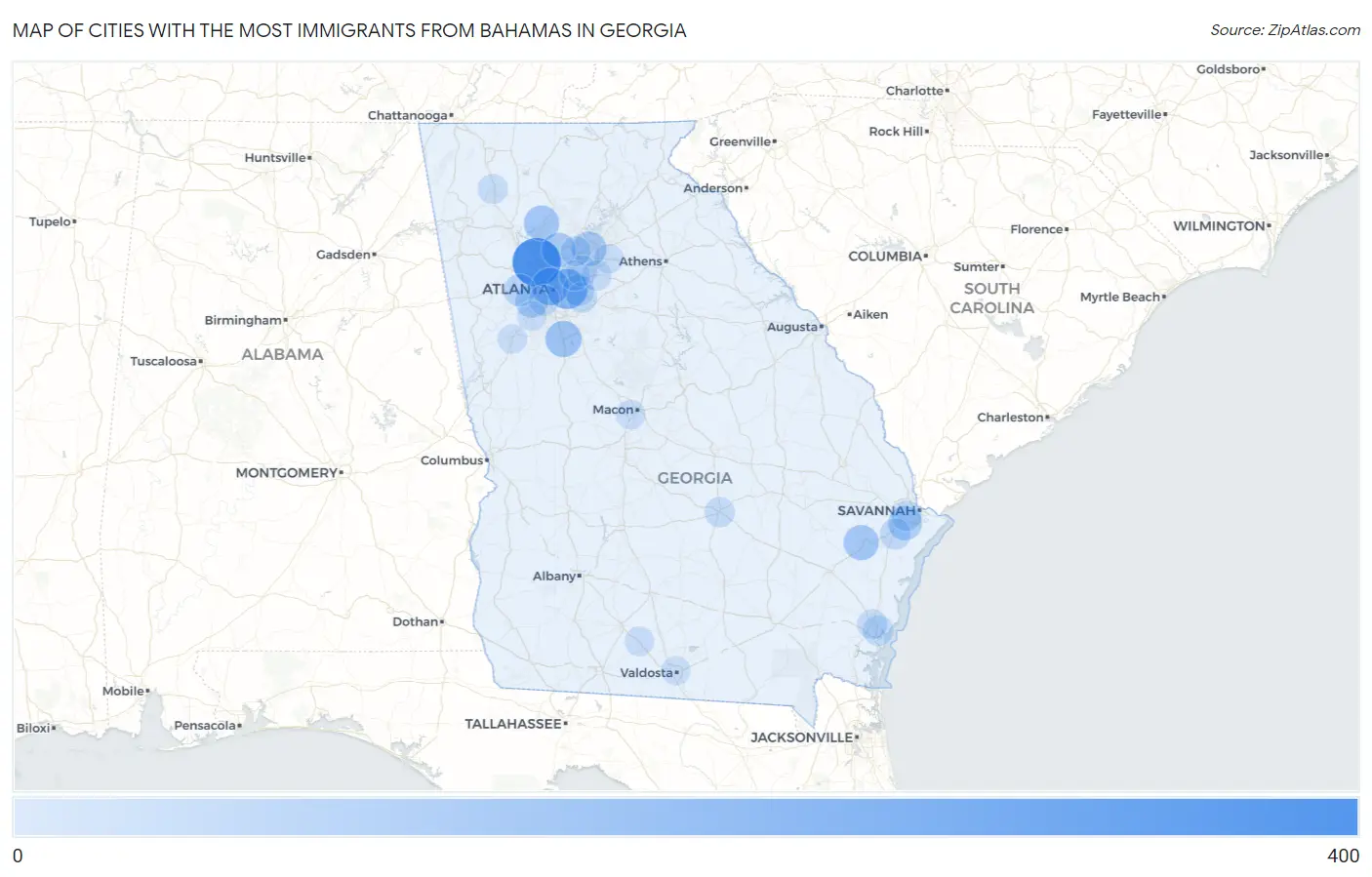 Cities with the Most Immigrants from Bahamas in Georgia Map