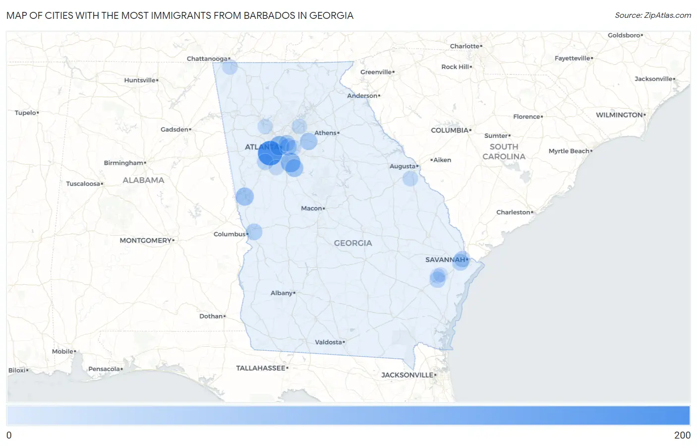 Cities with the Most Immigrants from Barbados in Georgia Map