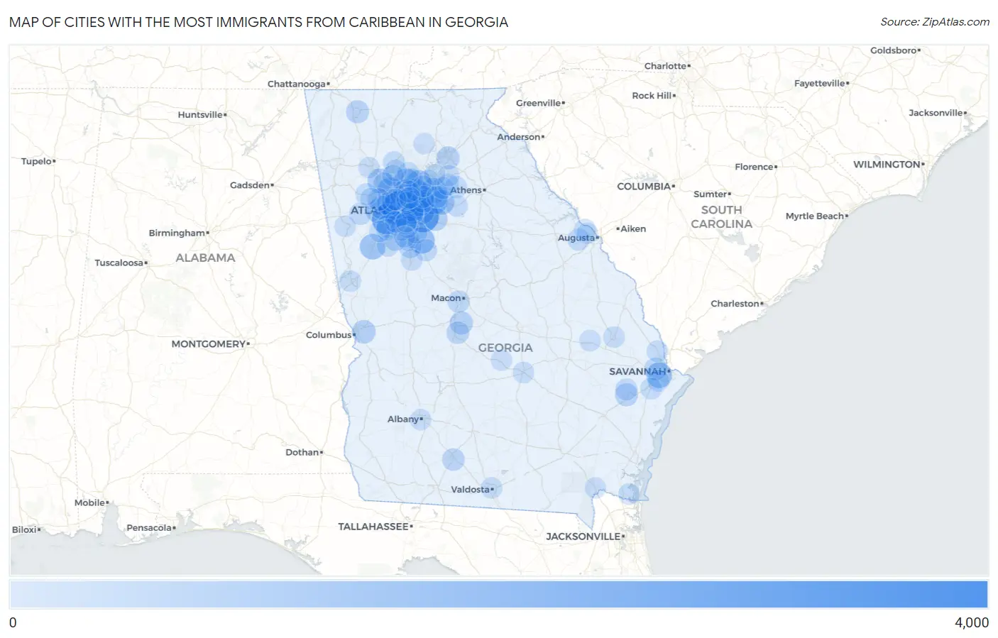 Cities with the Most Immigrants from Caribbean in Georgia Map
