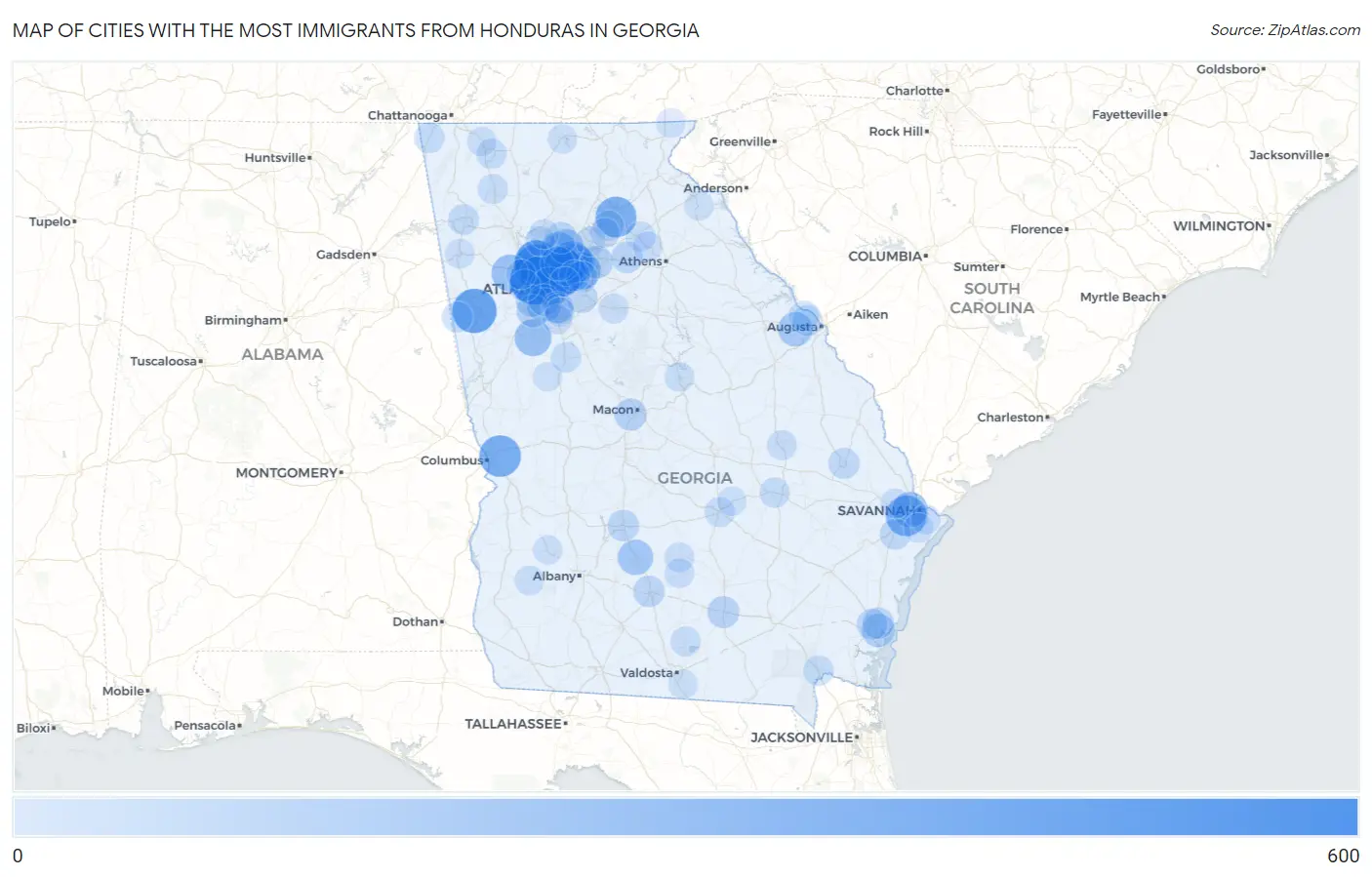 Cities with the Most Immigrants from Honduras in Georgia Map