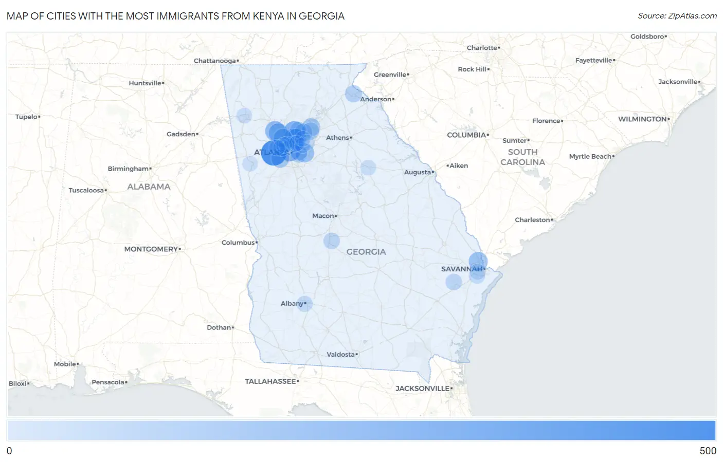 Cities with the Most Immigrants from Kenya in Georgia Map