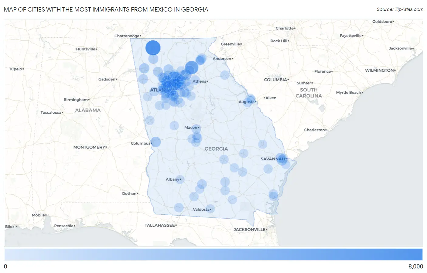 Cities with the Most Immigrants from Mexico in Georgia Map