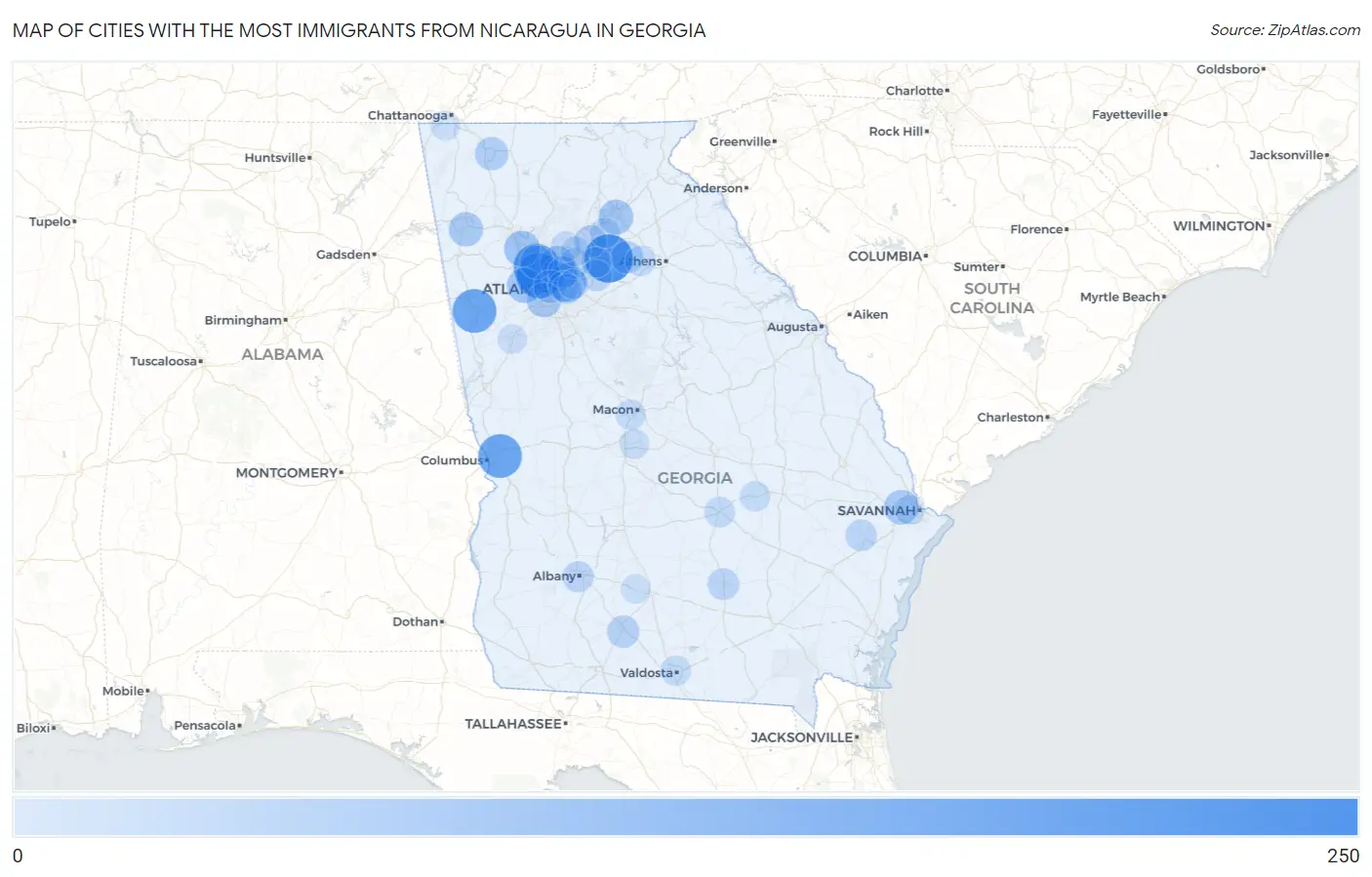 Cities with the Most Immigrants from Nicaragua in Georgia Map