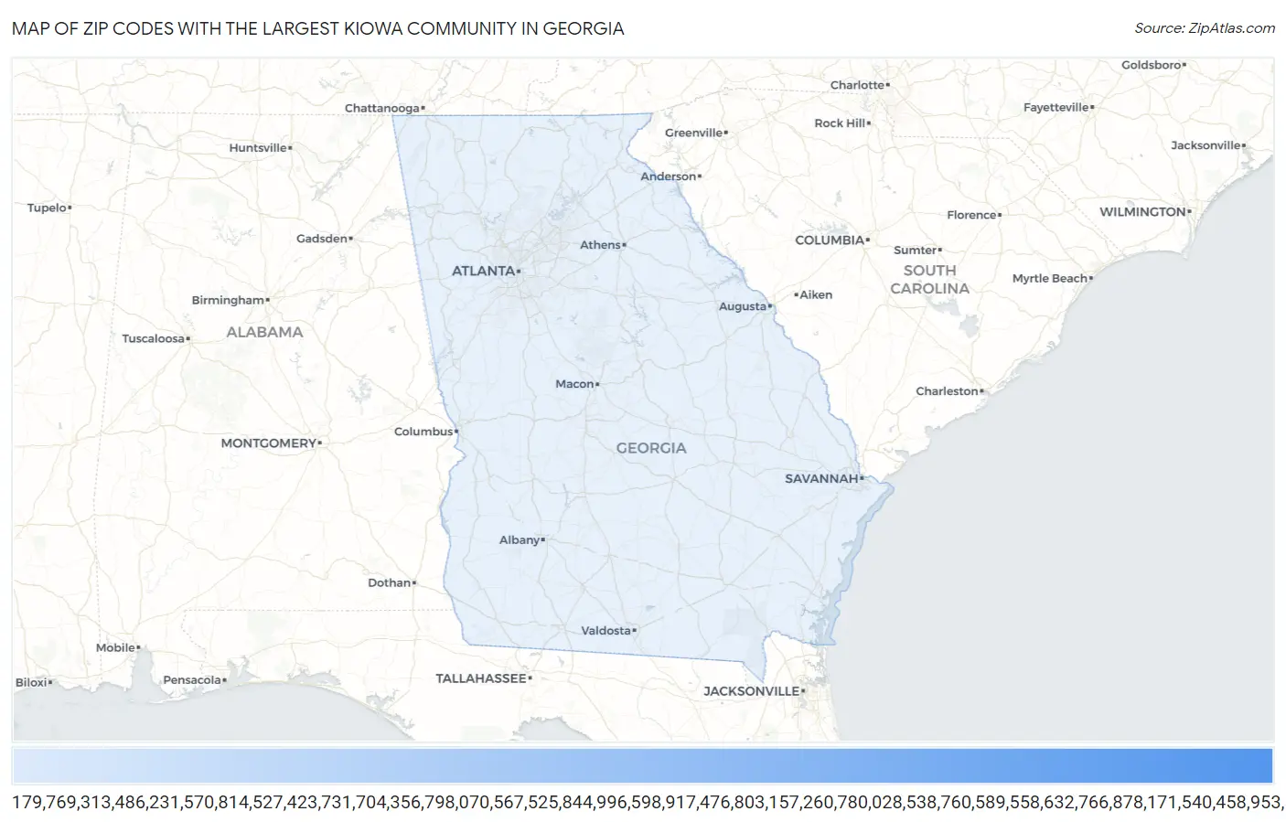 Zip Codes with the Largest Kiowa Community in Georgia Map
