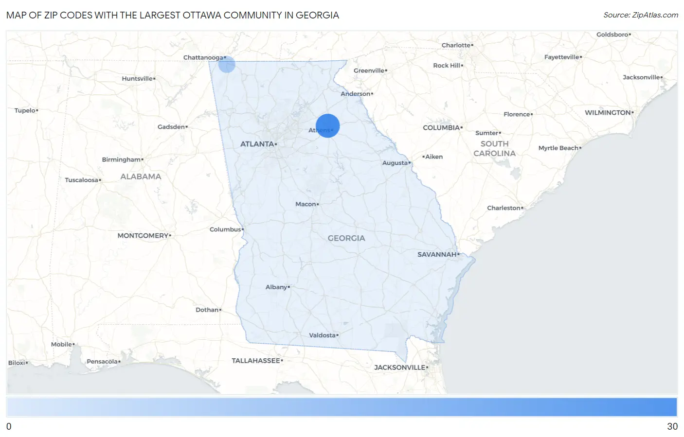 Zip Codes with the Largest Ottawa Community in Georgia Map