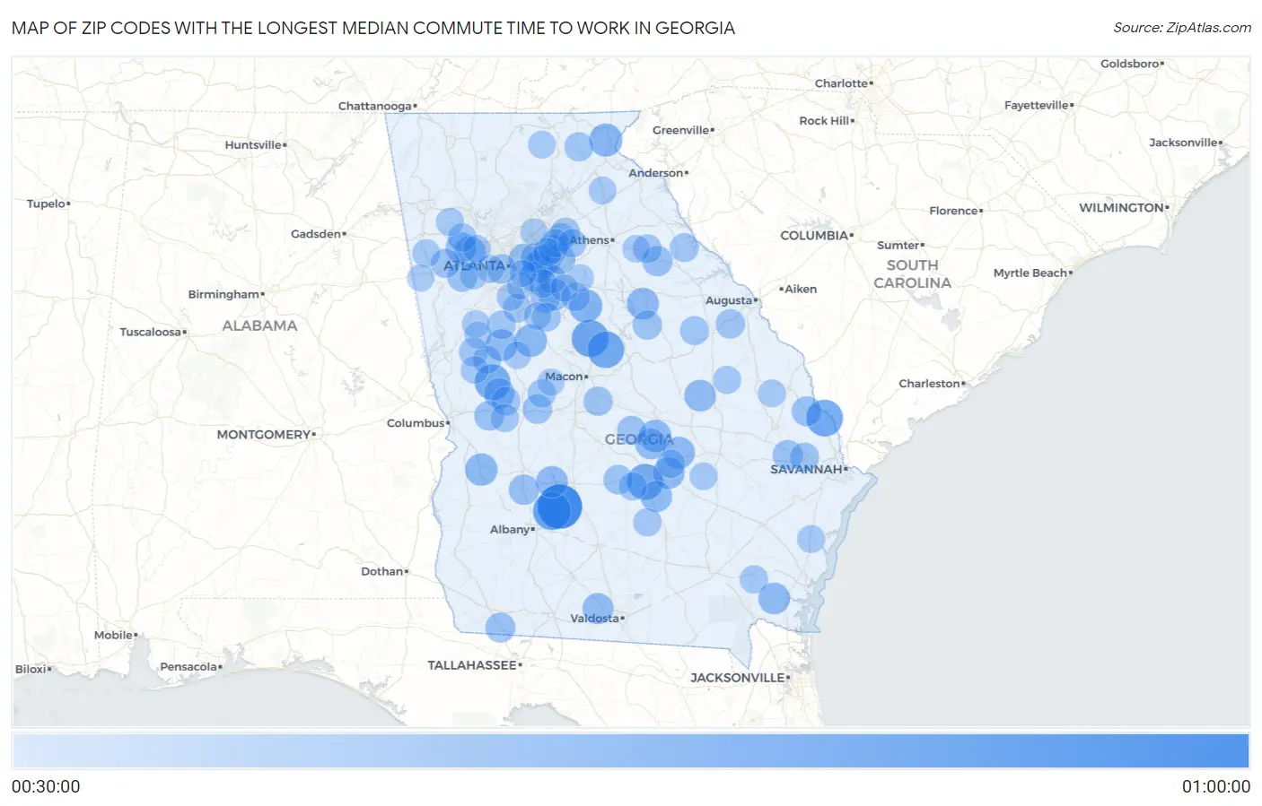 Zip Codes with the Longest Median Commute Time to Work in Georgia Map