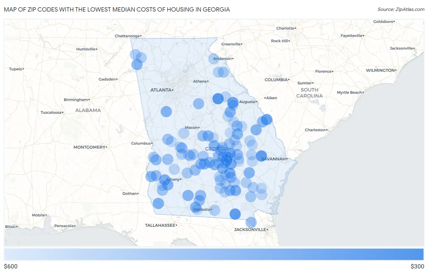 Zip Codes with the Lowest Median Costs of Housing in Georgia Map