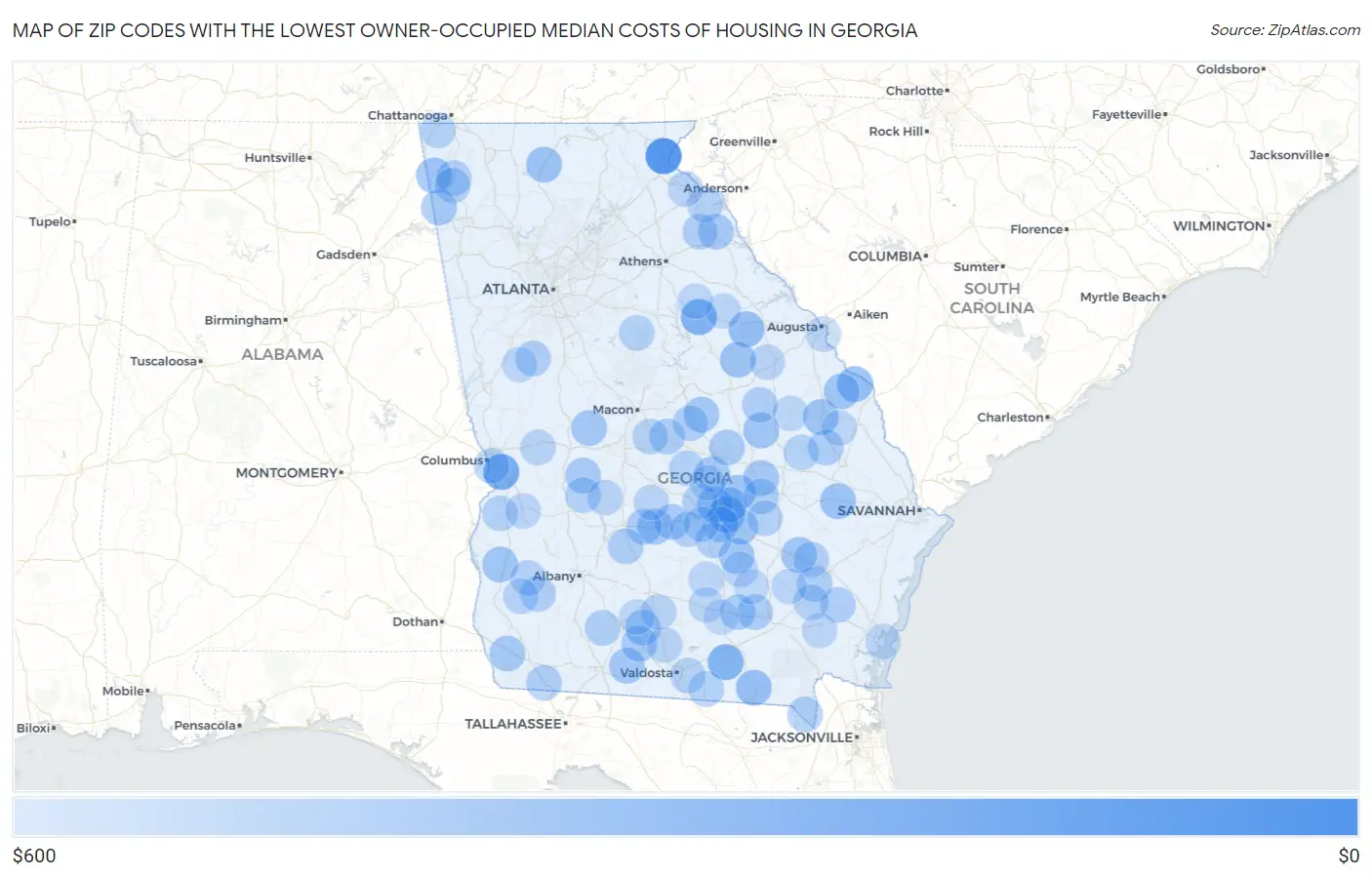Zip Codes with the Lowest Owner-Occupied Median Costs of Housing in Georgia Map